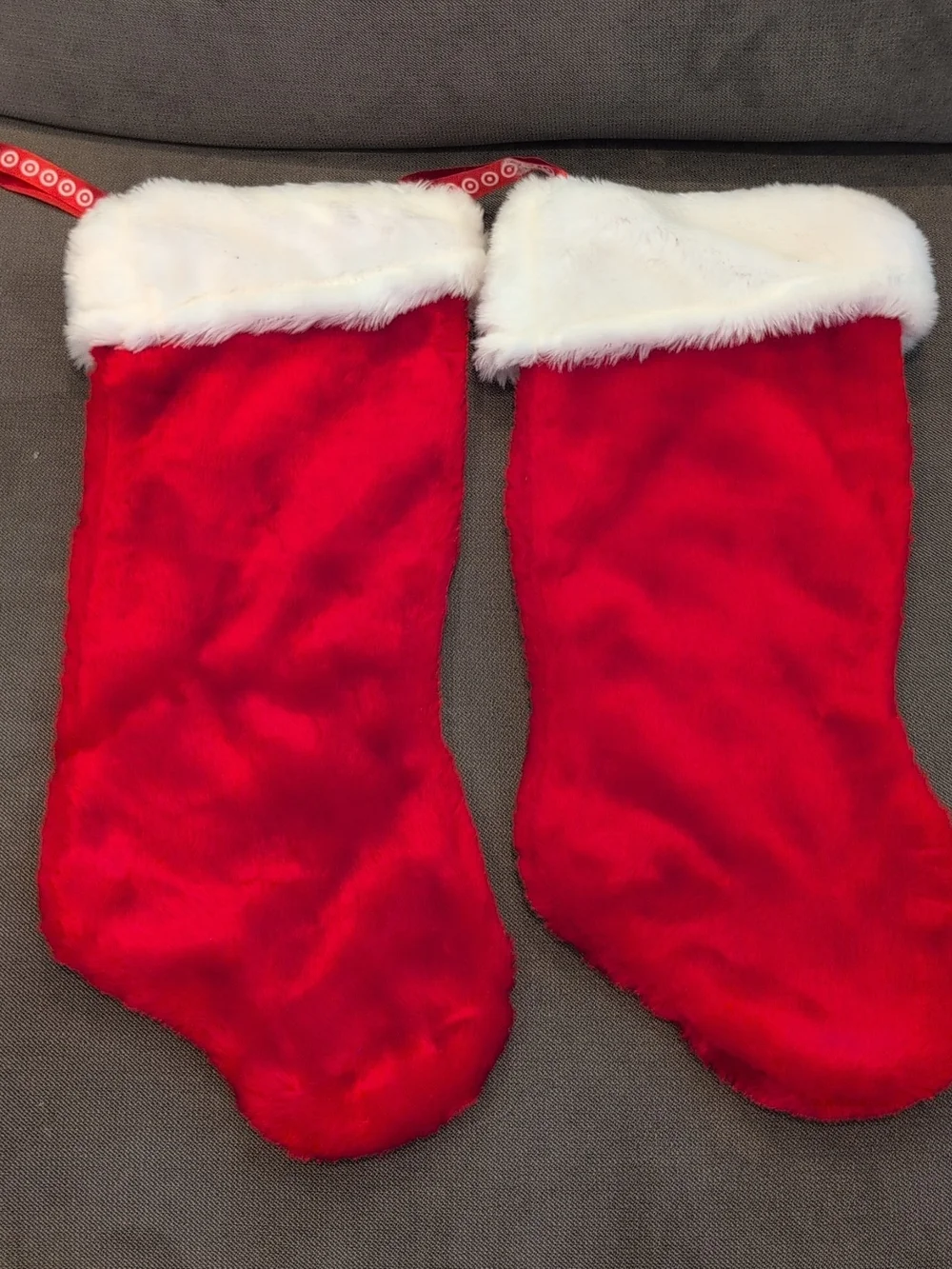 Set of Red Plush Christmas Stockings with White Faux Fur Cuffs